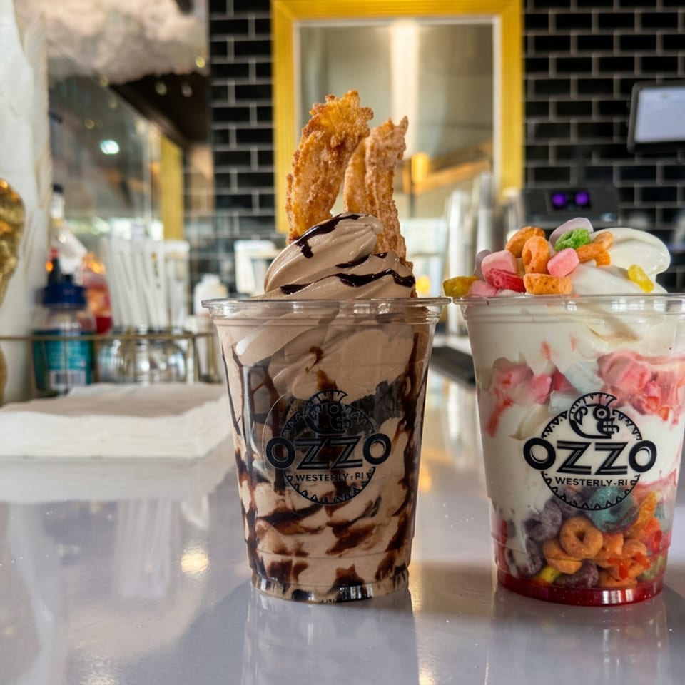 Two colorful OZZO dessert cups topped with whipped cream, candy, and crispy wafers on a café counter beside a golden statue.