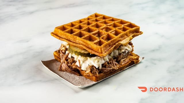 BBQ Pulled Pork Waffle Stack.